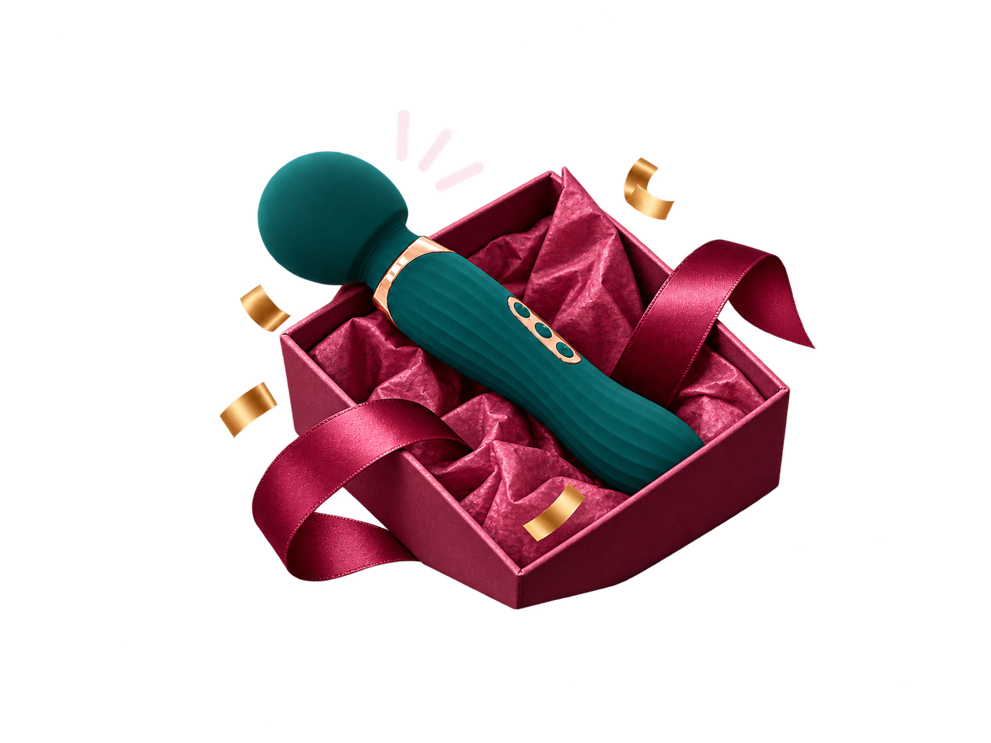 A wand-style product packaged as a gift, tied with a ribbon